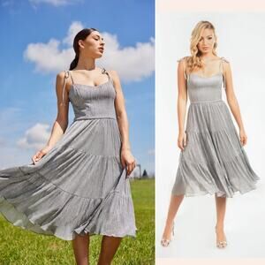 DRESS THE POPULATION Dream Silver Metallic Dress Tiered Midi Cocktail Wedding